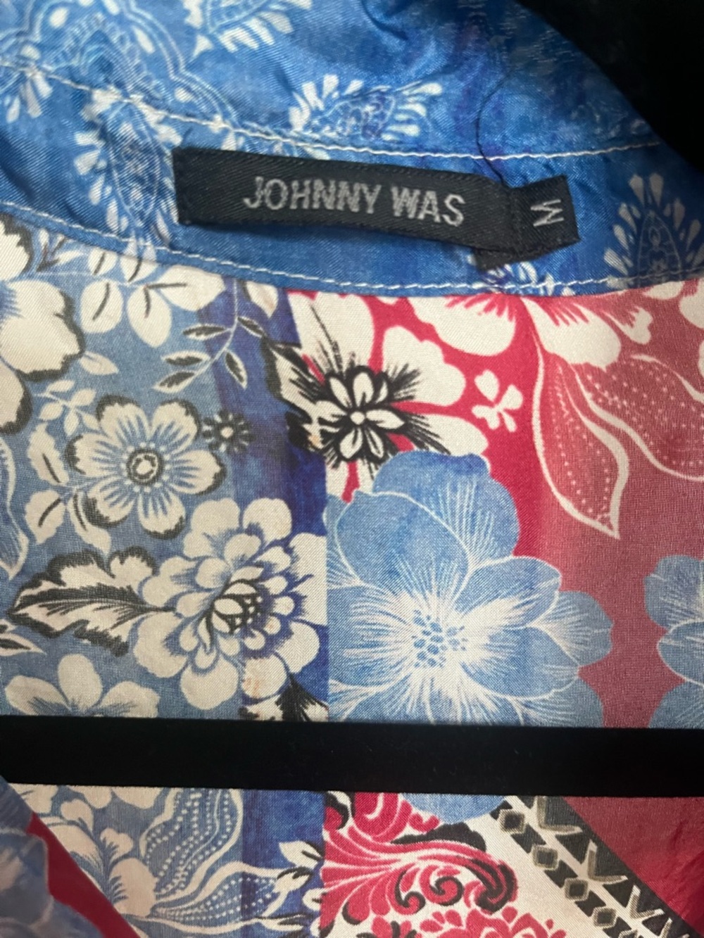 Johnny Was 100% Silk Patchwork Floral-Print Button-Up Blouse - Red & Blue - Picture 3 of 4